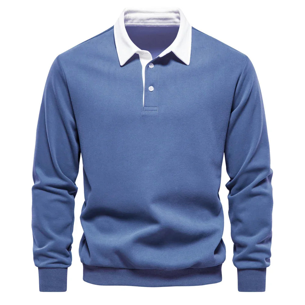 Blue long sleeve polo shirt with contrasting white collar and button placket