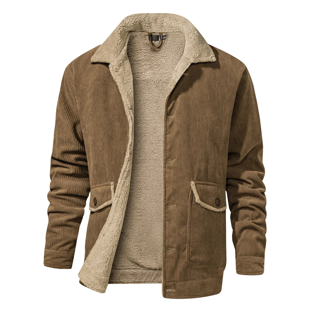 Brown corduroy jacket with beige sherpa lining, buttoned flap pockets, and long sleeves