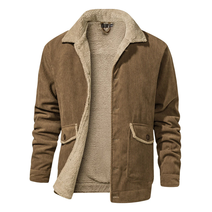 Brown corduroy jacket with beige sherpa lining, buttoned flap pockets, and long sleeves