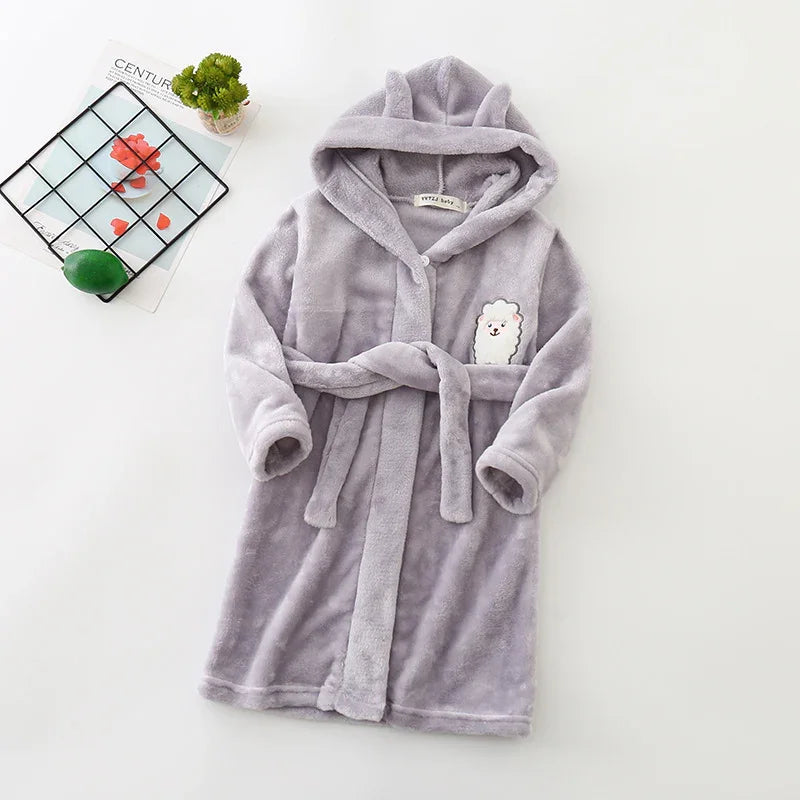 Soft gray hooded toddler bathrobe with belt and cute alpaca patch on front pocket