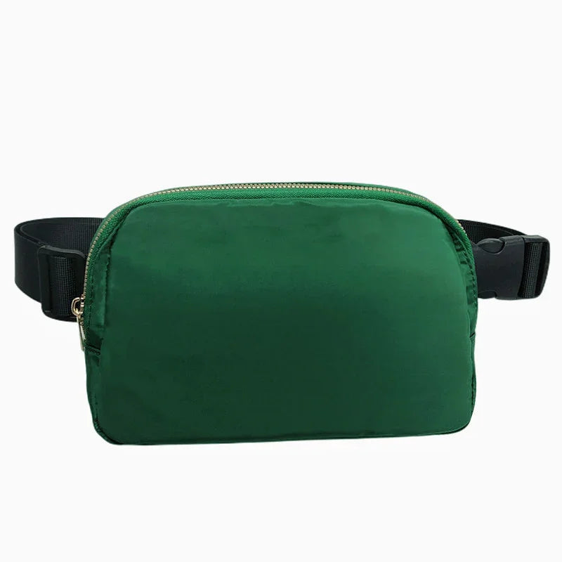 Green nylon waist bag with black adjustable strap and gold zipper detail