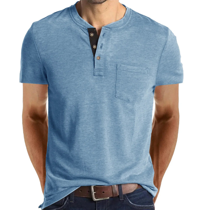 Men's casual blue short sleeve Henley shirt with button placket and chest pocket