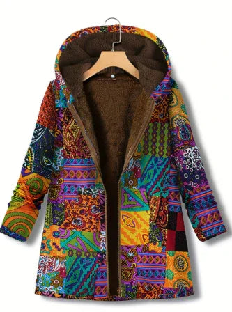 Colorful patchwork fleece-lined hooded jacket with vibrant geometric and paisley patterns