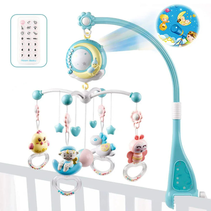 Blue baby crib mobile with moon, hanging animal toys, and remote control projector with stars
