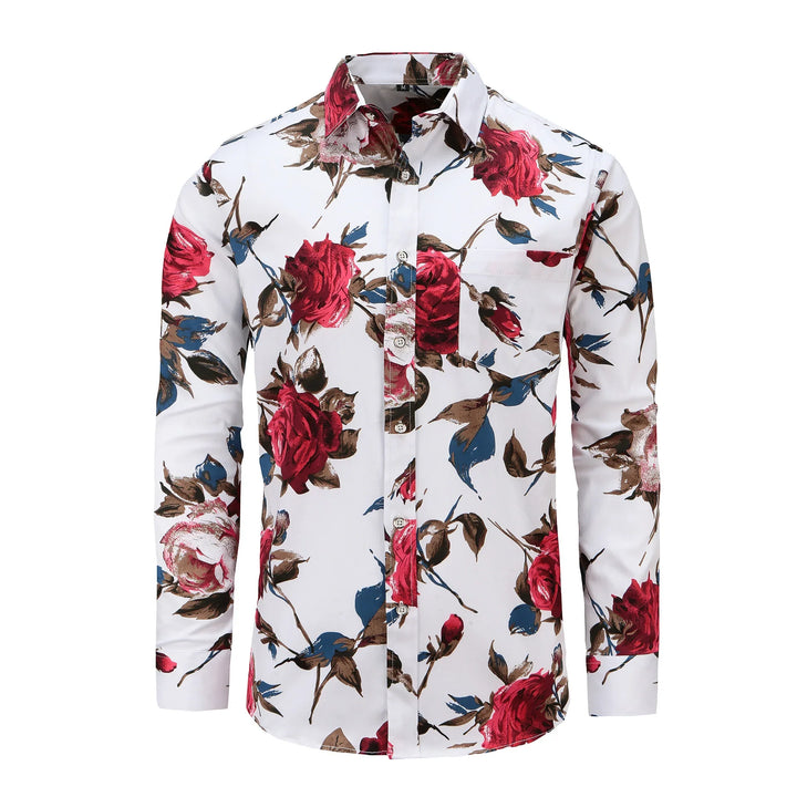 Men's white long sleeve shirt with red rose and brown leaf floral print