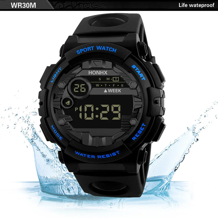 Black digital sport watch with water-resistant design and blue accents splashing in water