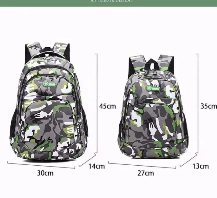Two green and gray camouflage backpacks with multiple compartments, shown with dimensions on white background