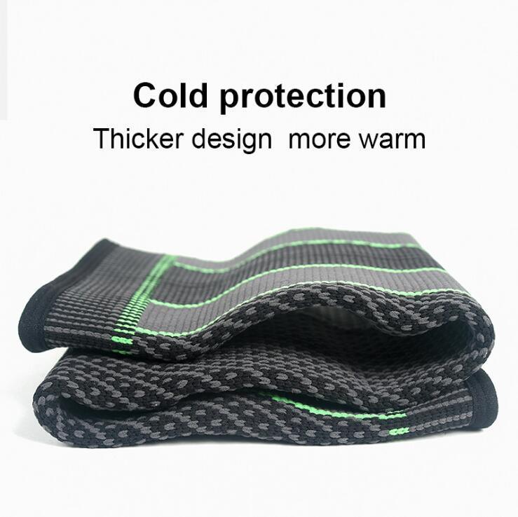 Thick black and gray fabric knee sleeve with green stripes for cold protection