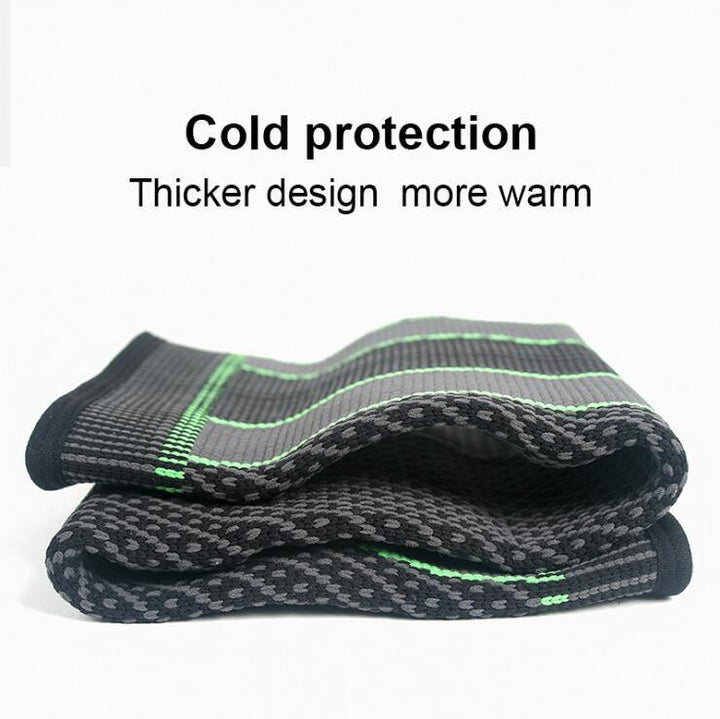 Thick black and gray fabric knee sleeve with green stripes for cold protection