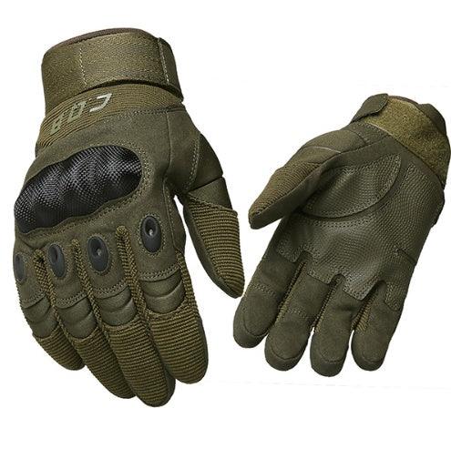 Pair of olive green tactical gloves with reinforced knuckles and padded palms on white background