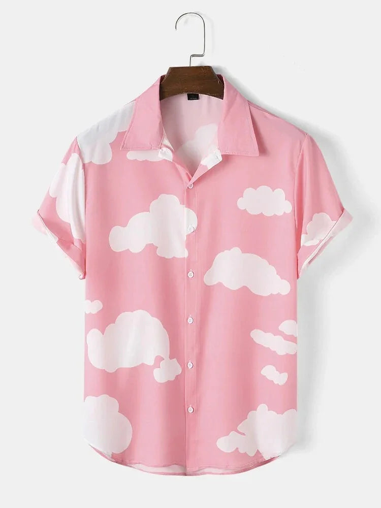 Pink short-sleeve button-up shirt with white cloud pattern on wooden hanger