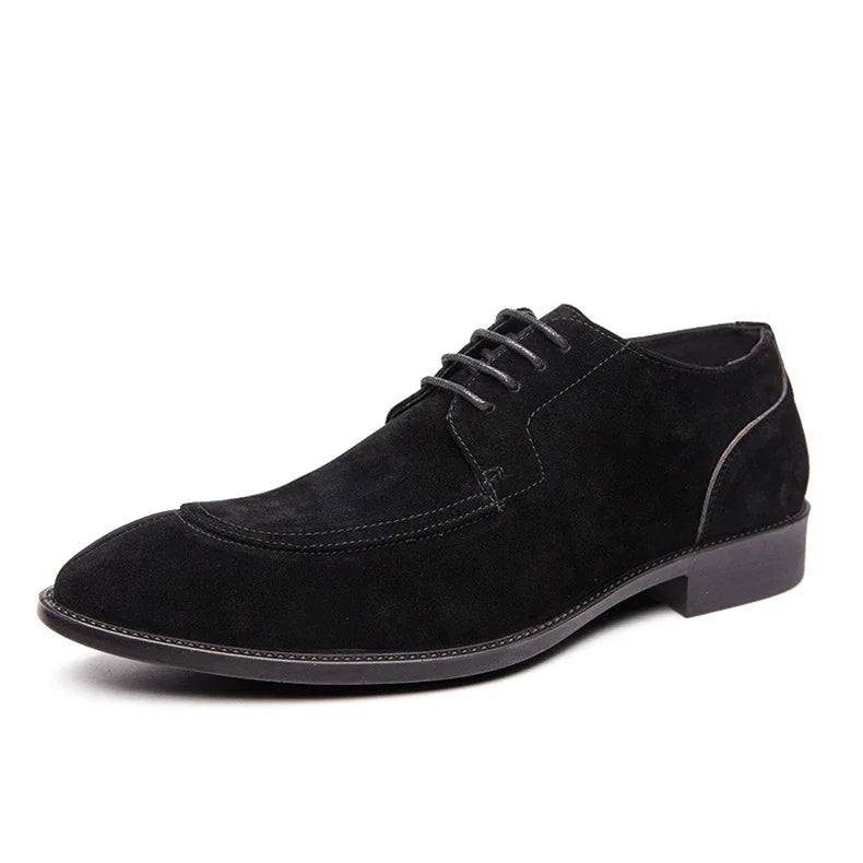 Black suede men's dress shoe with lace-up design and stitched detailing