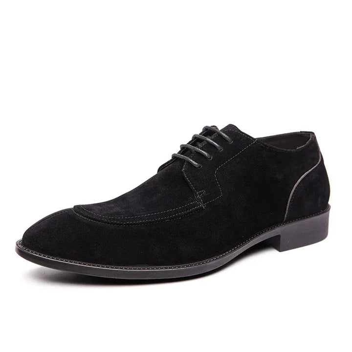 Black suede men's dress shoe with lace-up design and stitched detailing