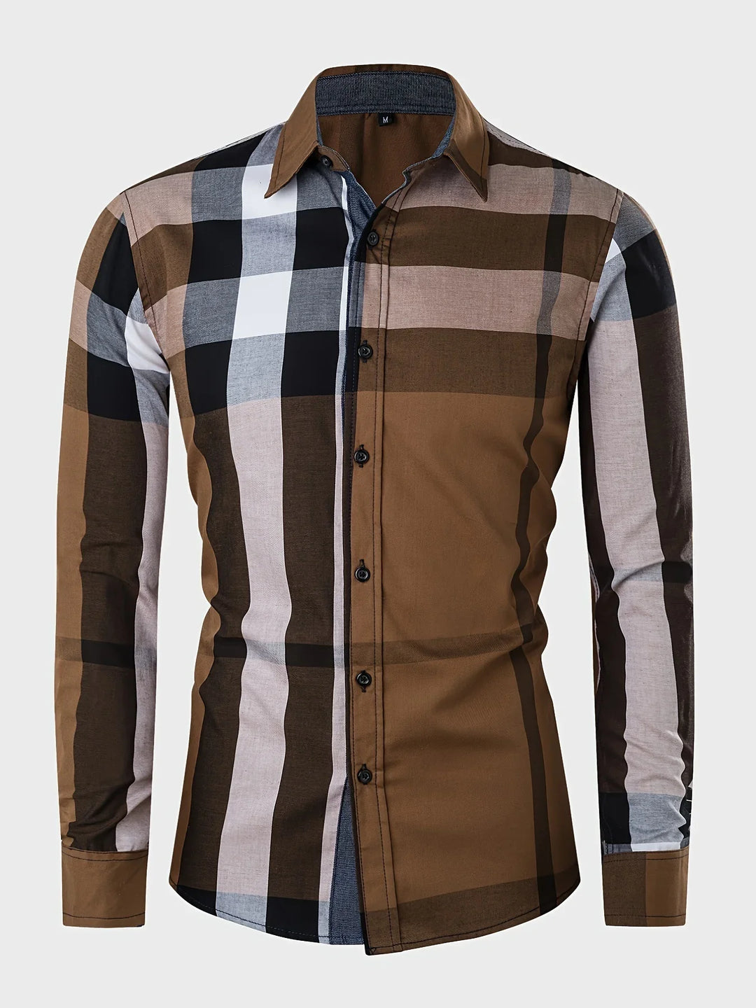 Men's slim fit button-up checkered shirt in brown, black, white, and gray with long sleeves