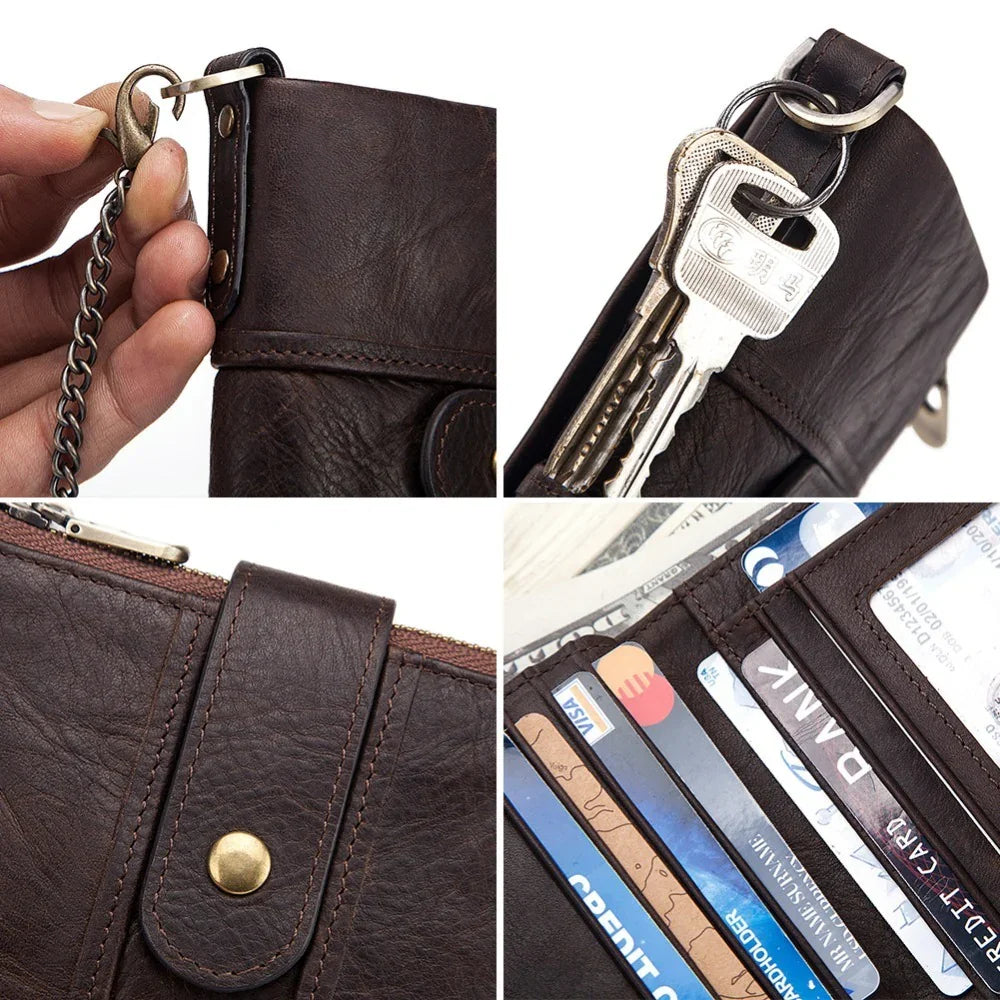 Brown leather wallet with metal keychain, multiple credit card slots, and secure snap button closure