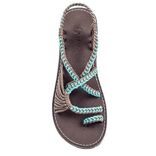 Brown leather sandal with braided turquoise and brown straps, open toe design
