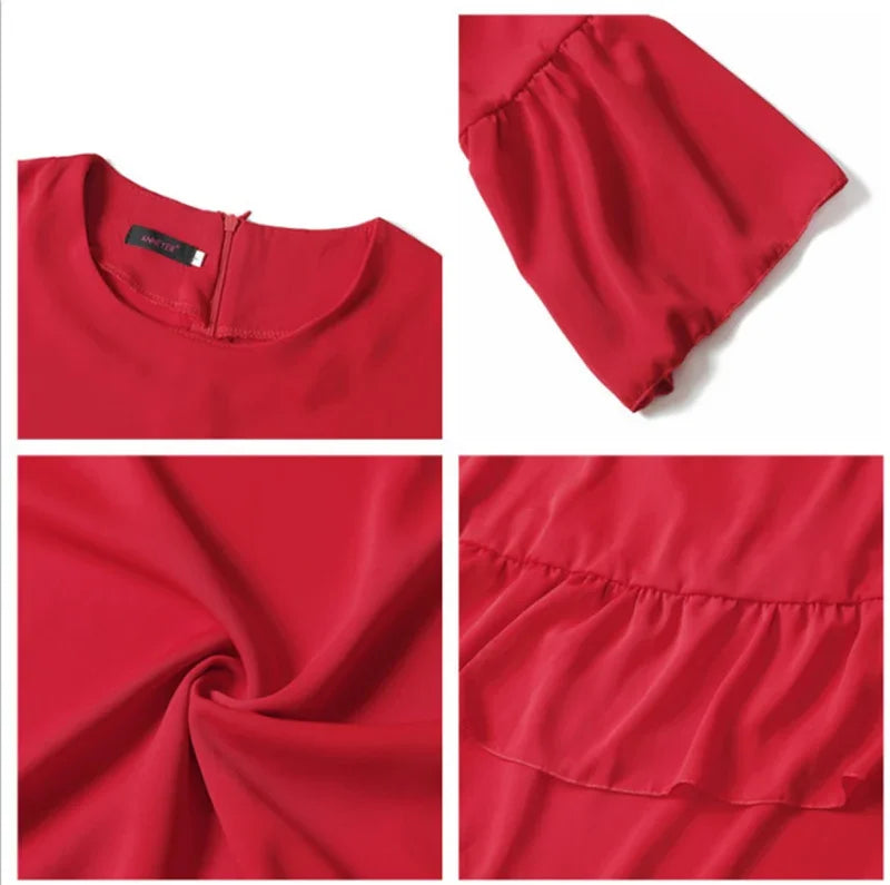 Close-up details of a red dress showing neckline with zipper, puff sleeve, fabric texture, and ruffle design