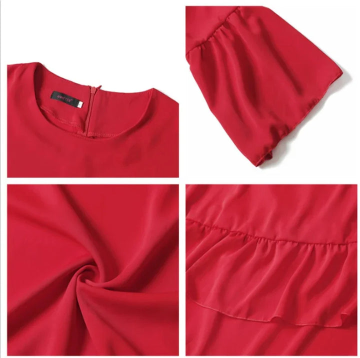 Close-up details of a red dress showing neckline with zipper, puff sleeve, fabric texture, and ruffle design