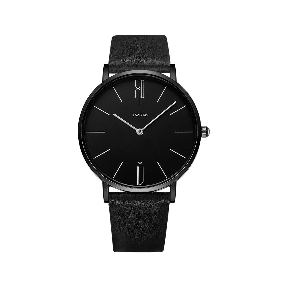 Minimalist black Yazole wristwatch with leather strap and slim silver hands