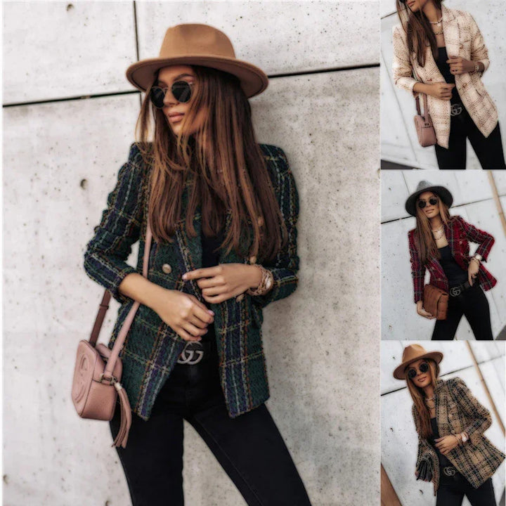 Fashionable woman in various plaid blazers, black pants, sunglasses, and hats posing against a concrete wall