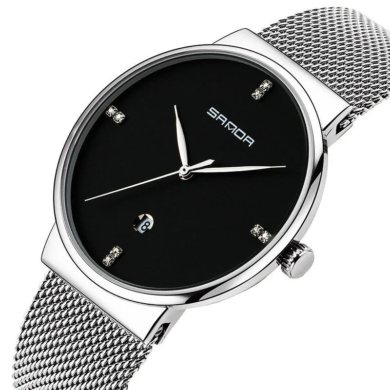 Sanda men's silver mesh band wristwatch with black dial and diamond hour markers