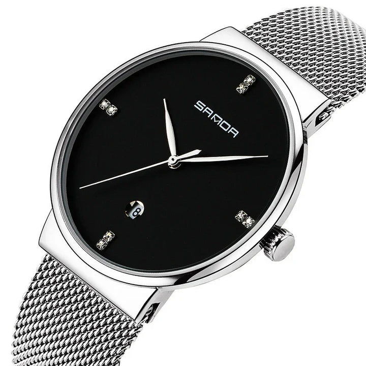 Sanda men's silver mesh band wristwatch with black dial and diamond hour markers