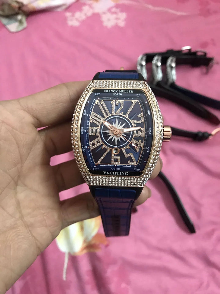 Franck Muller Yachting men's watch with diamond-studded rose gold case and blue strap