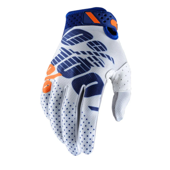 White and blue motocross glove with orange accents, breathable fabric and detailed design