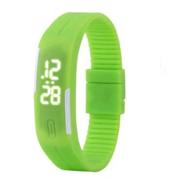Green digital LED sports wristband watch with flexible silicone strap showing time 12:28
