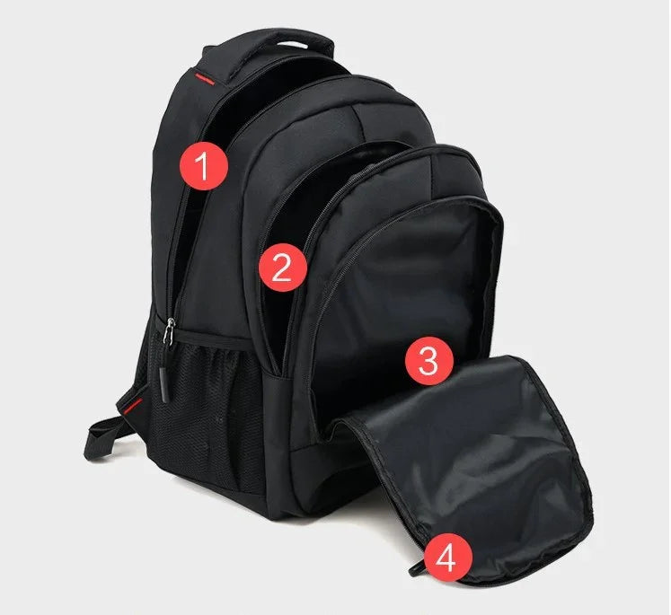Black multi-compartment backpack with numbered sections and mesh side pocket on gray background