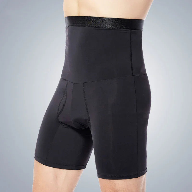 Black high-waisted men's compression shorts with ergonomic seams on a light gray background