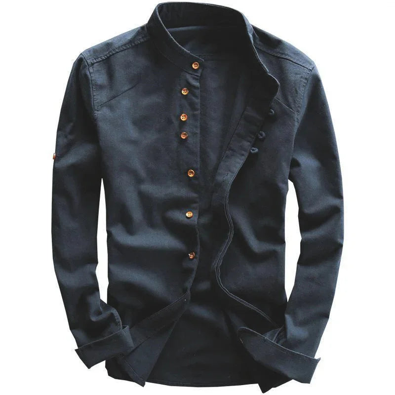 Men's black casual long-sleeve shirt with mandarin collar and brown buttons