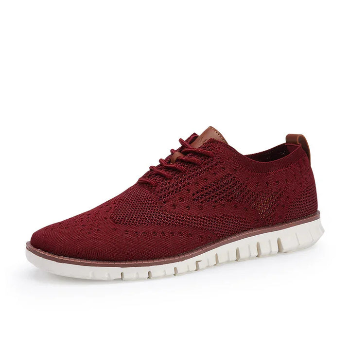 Maroon knitted casual men's sneaker with white flexible sole and brown leather accents
