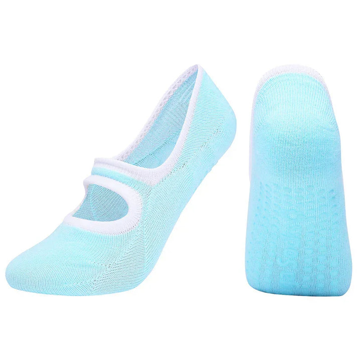 Light blue women's ballet grip socks with white trim and non-slip sole pattern