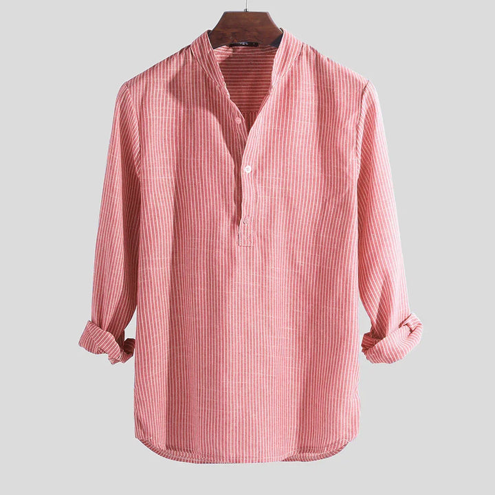 Men's casual pink and white striped long sleeve linen shirt with mandarin collar and button placket