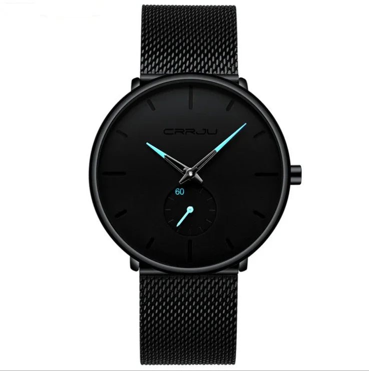 Minimalist black CRRJU wristwatch with mesh strap and blue accented hands on black dial