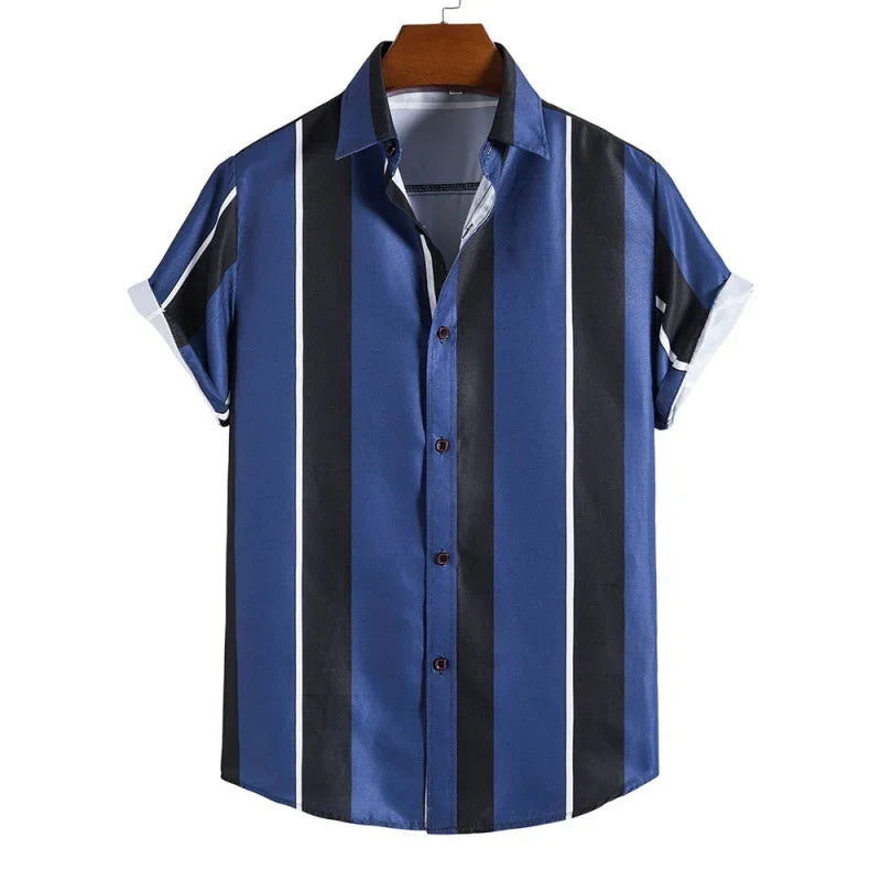 Men's short sleeve button-up shirt with blue and black vertical stripes and white accents