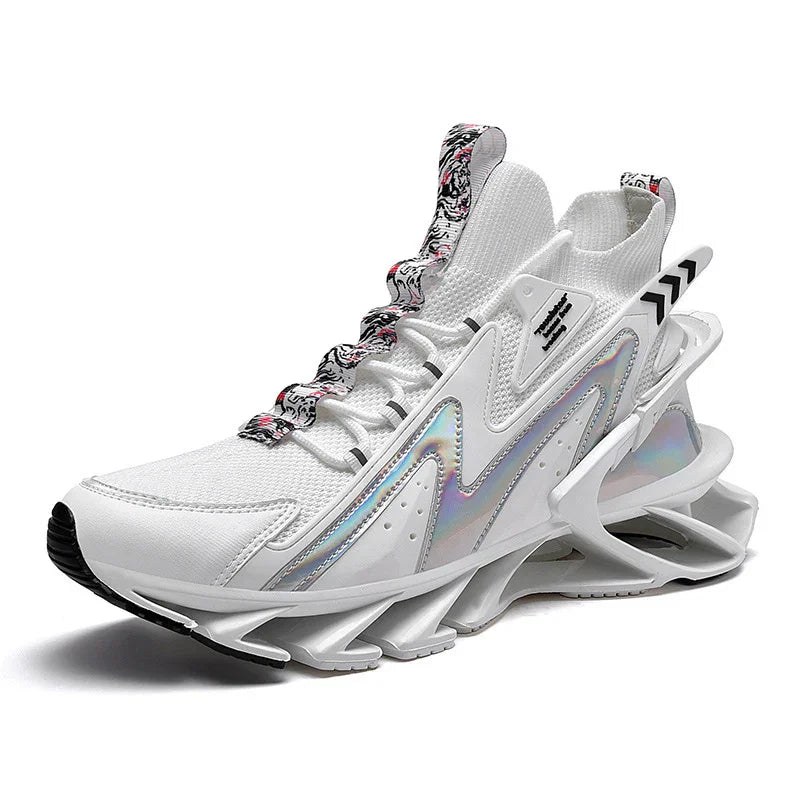 White futuristic athletic sneaker with mesh upper, holographic accents, unique angular sole, and patterned tongue detail