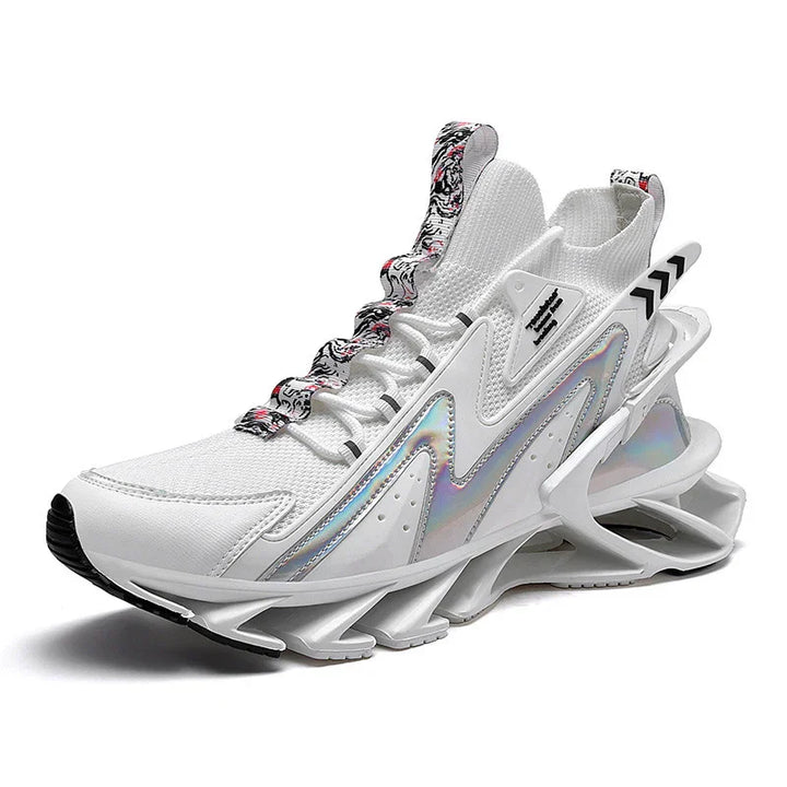 White futuristic athletic sneaker with mesh upper, holographic accents, unique angular sole, and patterned tongue detail