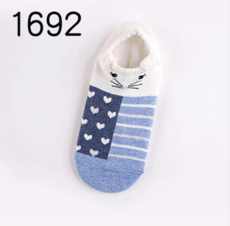 Cozy blue and white no-show sock with heart patterns, stripes, and a cat face design