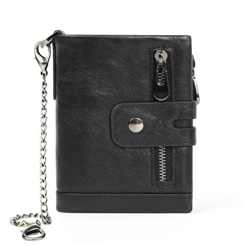 Black leather wallet with zipper pocket, snap button strap, and attached silver chain