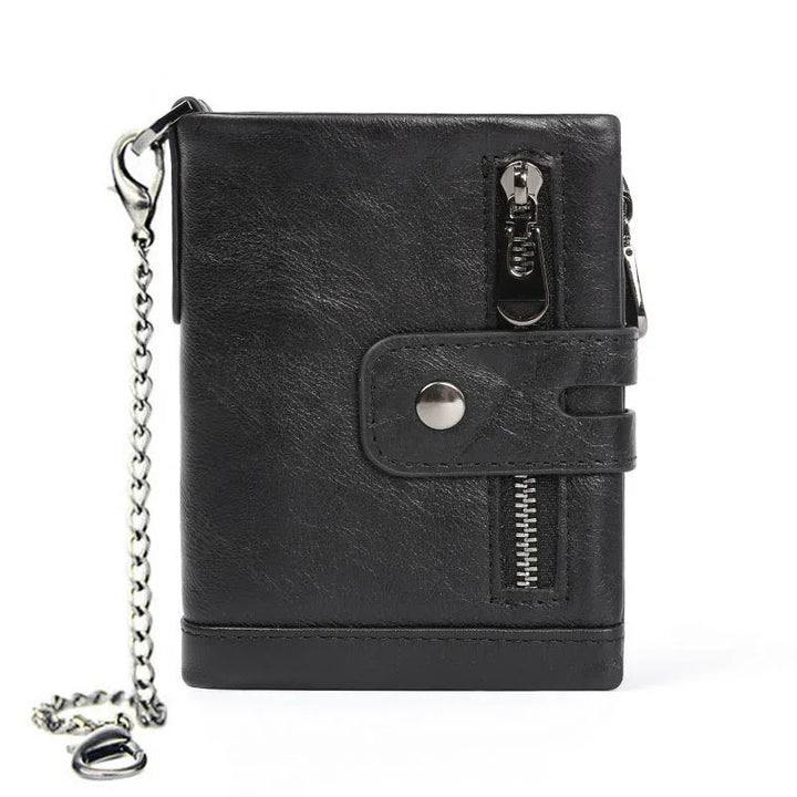 Black leather wallet with zipper pocket, snap button strap, and attached silver chain