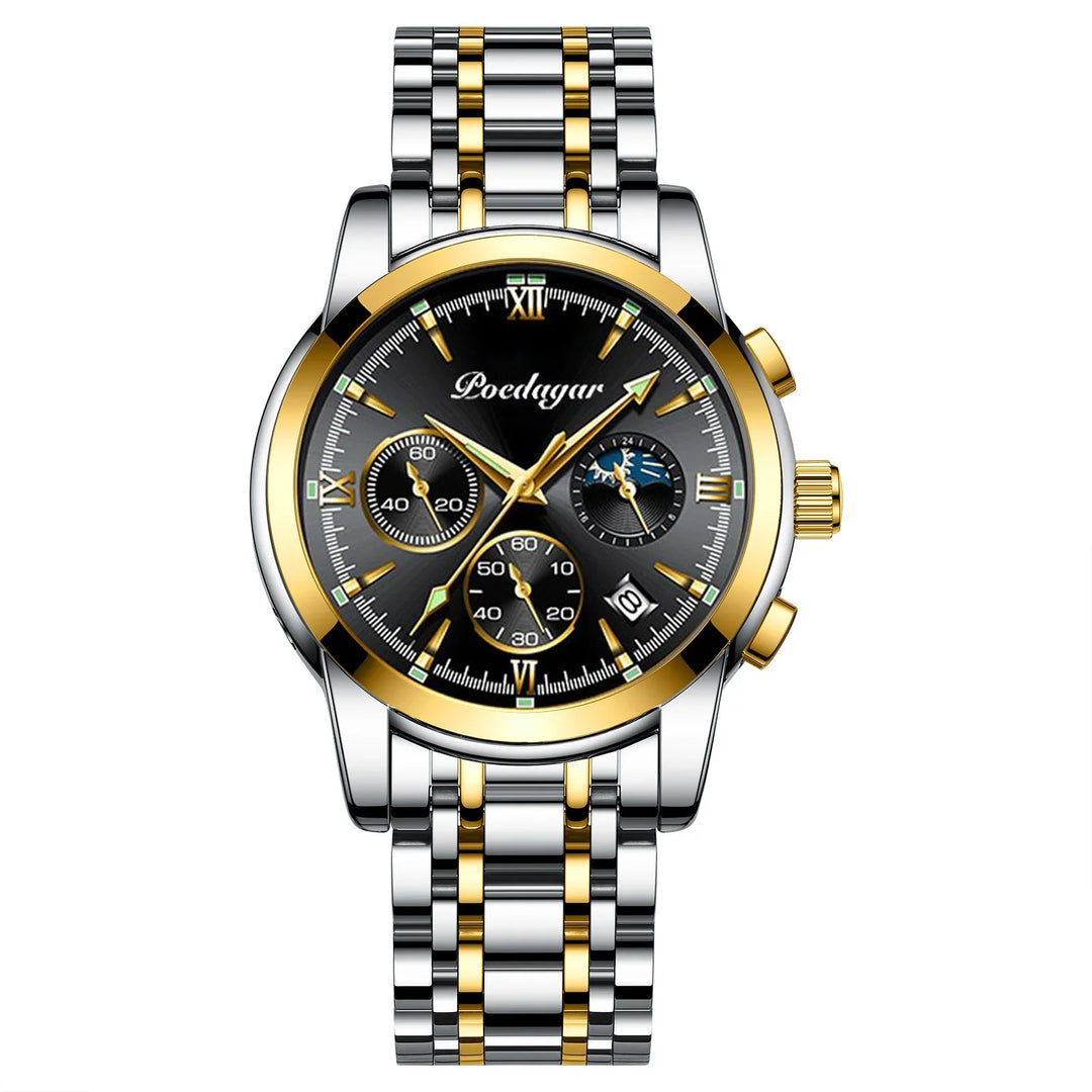 Poedagar men's silver and gold stainless steel chronograph wristwatch with black dial