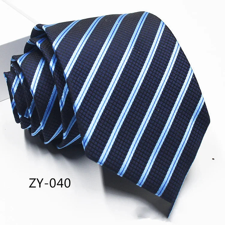 Men's navy blue silk necktie with light blue diagonal stripes and textured pattern