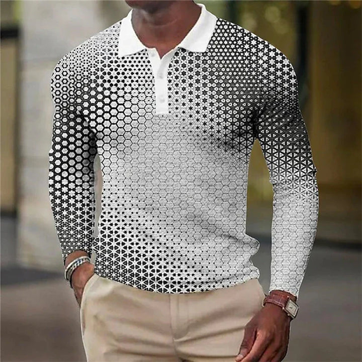 Man wearing black and white long sleeve polo shirt with geometric hexagon and star patterns