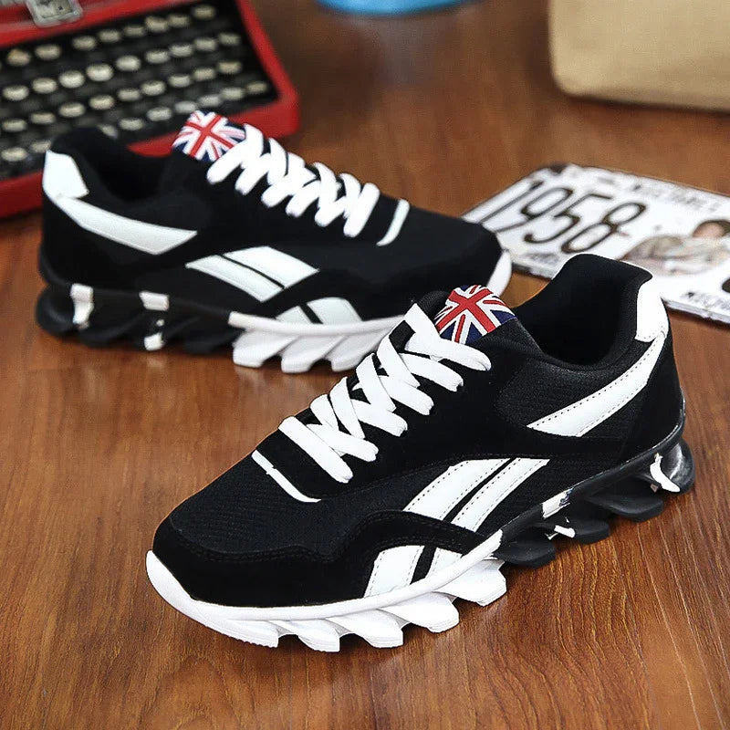 Black and white sporty sneakers with unique sole design featuring Union Jack flag detail on tongue
