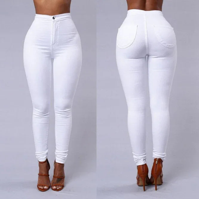 Front and back view of woman wearing high-waisted white skinny jeans and brown high heel sandals