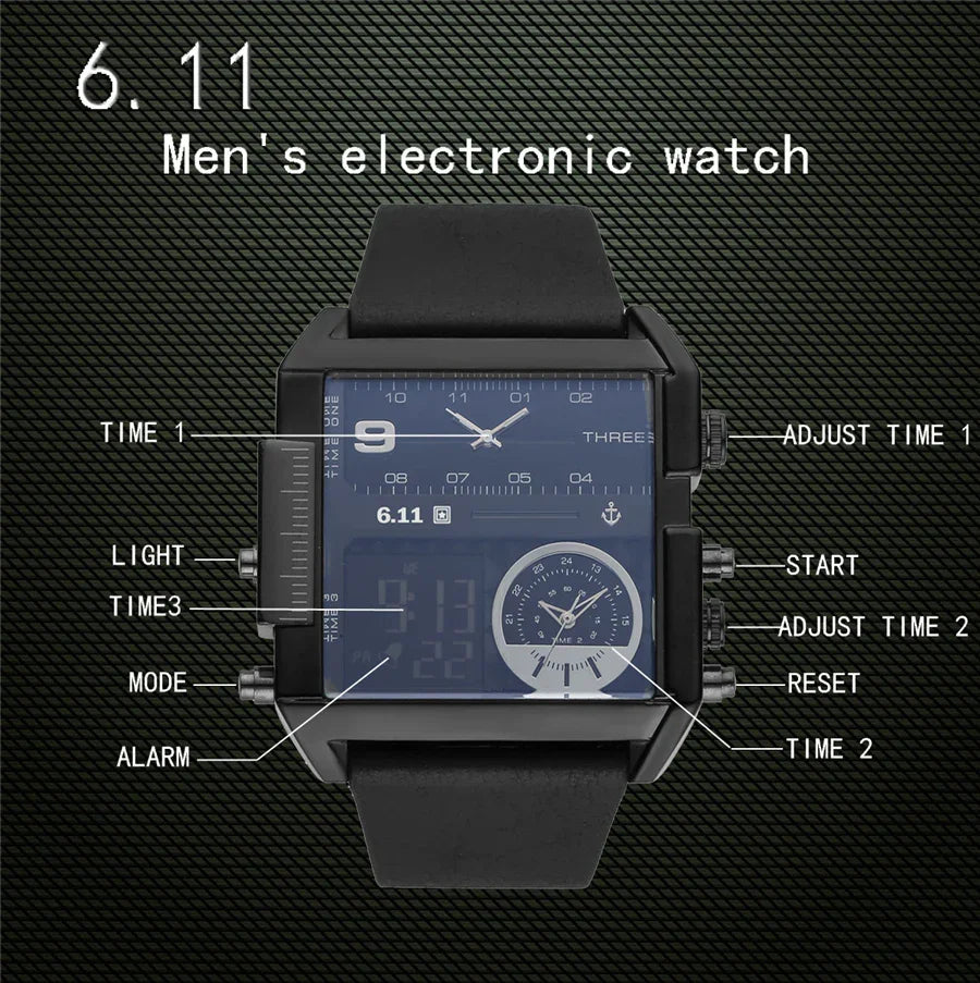 Men's black electronic watch with multifunction digital and analog displays on textured background