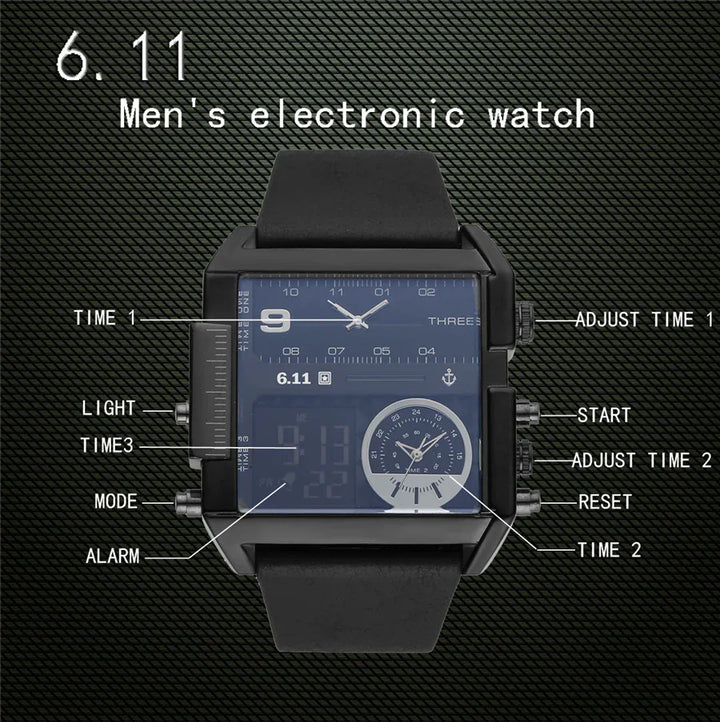 Men's black electronic watch with multifunction digital and analog displays on textured background