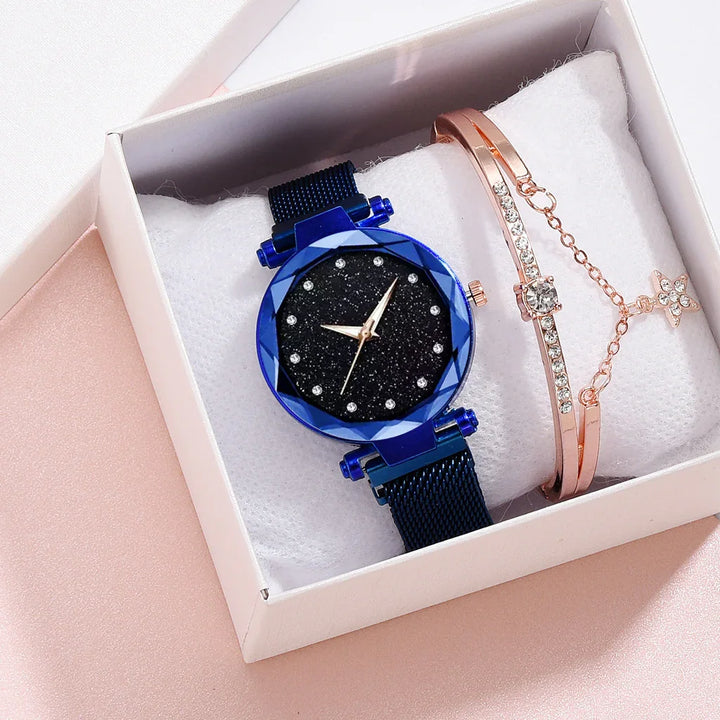 Blue starry dial wristwatch with diamond-like markers and matching rose gold bracelet in gift box